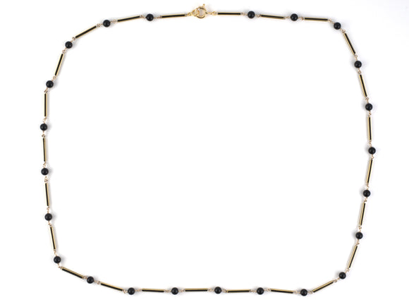 45620 - Circa 1920 Gold Black Onyx Bead Black Enamel Alternating Link Necklace