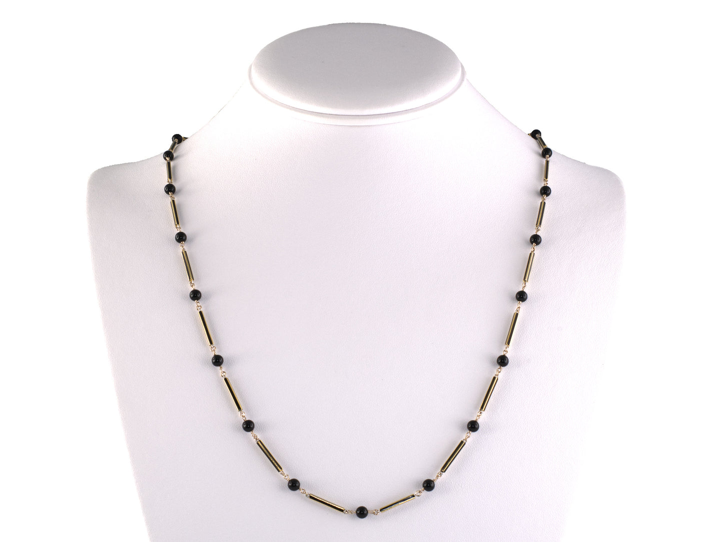45620 - Circa 1920 Gold Black Onyx Bead Black Enamel Alternating Link Necklace