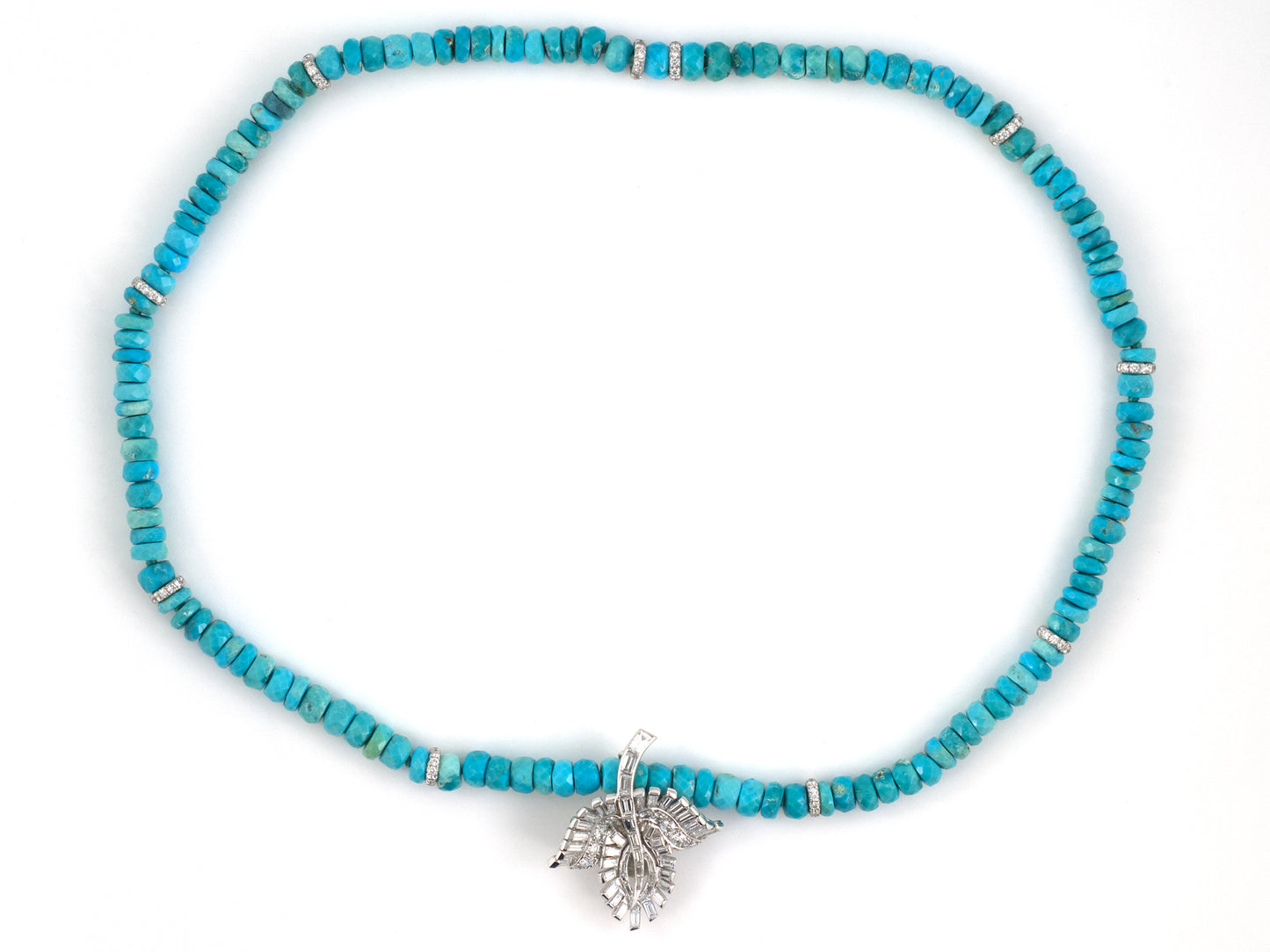 45622 - Art Deco Circa 1940 Platinum Diamond Faceted Turquoise Floral Removable Pendant Necklace
