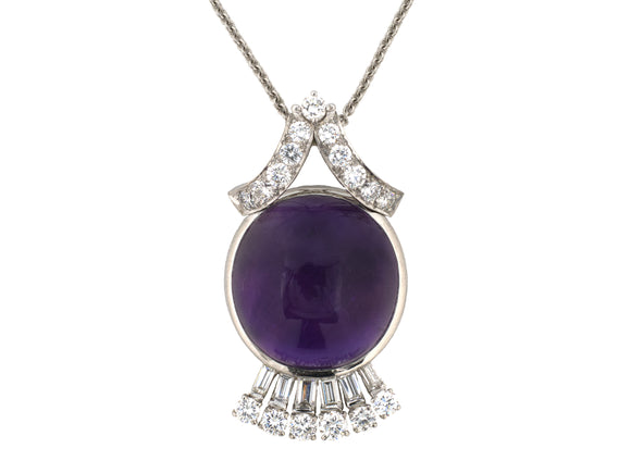 45623 - Platinum Diamond Cabochon Amethyst Pagoda Pendant Necklace