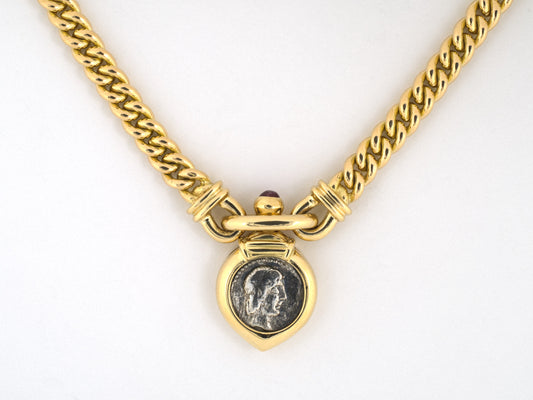 45625 - Circa 1980s Italy Gold Ruby Silver Coin Pendant Necklace