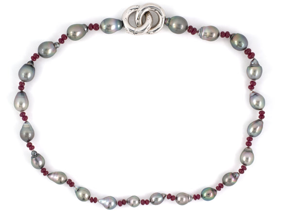 45631 - Italian Gold Diamond Ruby Baroque Pearl Interlocking Circle Clasp Necklace