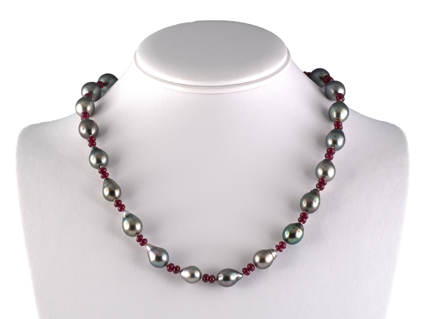 45631 - Italian Gold Diamond Ruby Baroque Pearl Interlocking Circle Clasp Necklace
