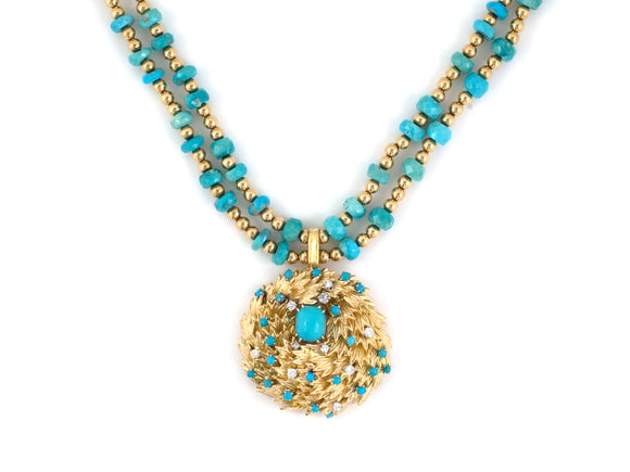 45640 - Rossi Circa 1965 Gold Turquoise Floral Wreath Pendant
