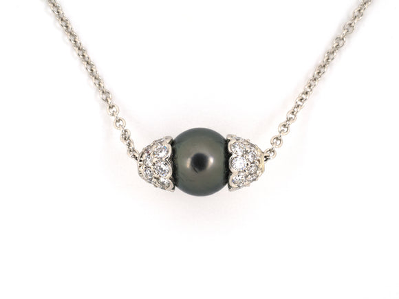 45641 - Platinum Diamond Tahitian Black Pearl Sliding Pendant Necklace