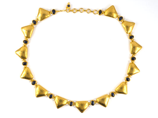 45647 - SOLD - Circa 1998 Gurhan Gold Sapphire Pearl Amulet Necklace (Adjustable)