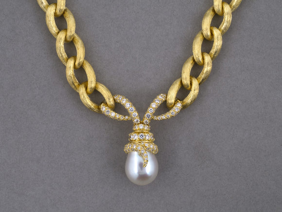 45648 - Dunay Gold Diamond South Sea Pearl Sabi Finish Oval Link Drop Necklace