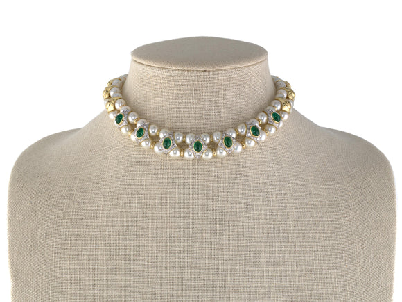 45649 - Circa 1980s Italy Giovane Gold Pearl Cabochon Emerald Diamond 2 Row Choker Necklace
