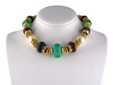 45654 - Circa 2000 Webb Gold Emerald Sapphire Ruby South Sea Pearl Carved Corrugated Rondel Choker Necklace