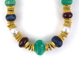 45654 - Circa 2000 Webb Gold Emerald Sapphire Ruby South Sea Pearl Carved Corrugated Rondel Choker Necklace