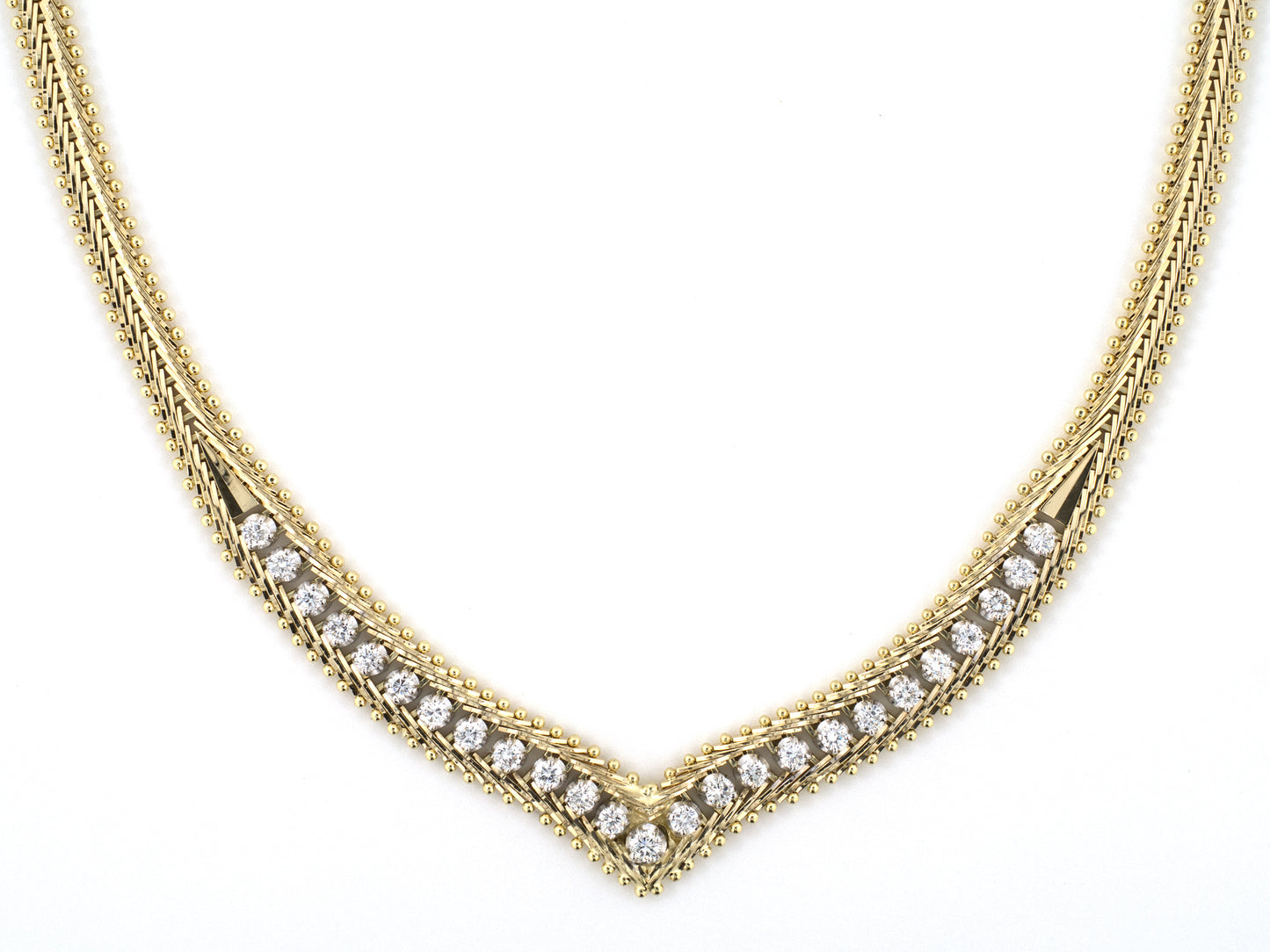 45657 - Italy Gold Diamond Wheat Design w/ Beaded Edge 'V' Necklace