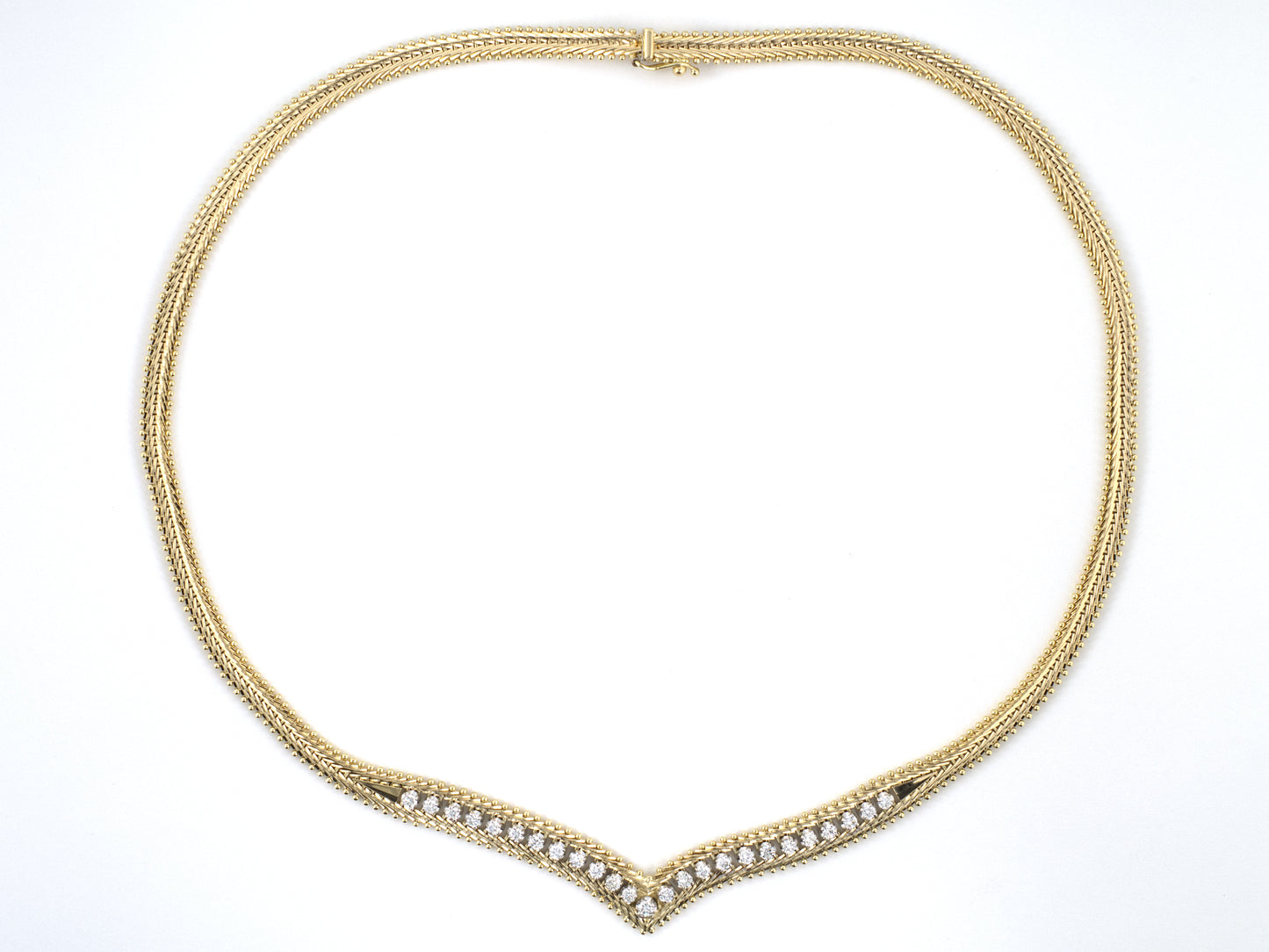 45657 - Italy Gold Diamond Wheat Design w/ Beaded Edge 'V' Necklace