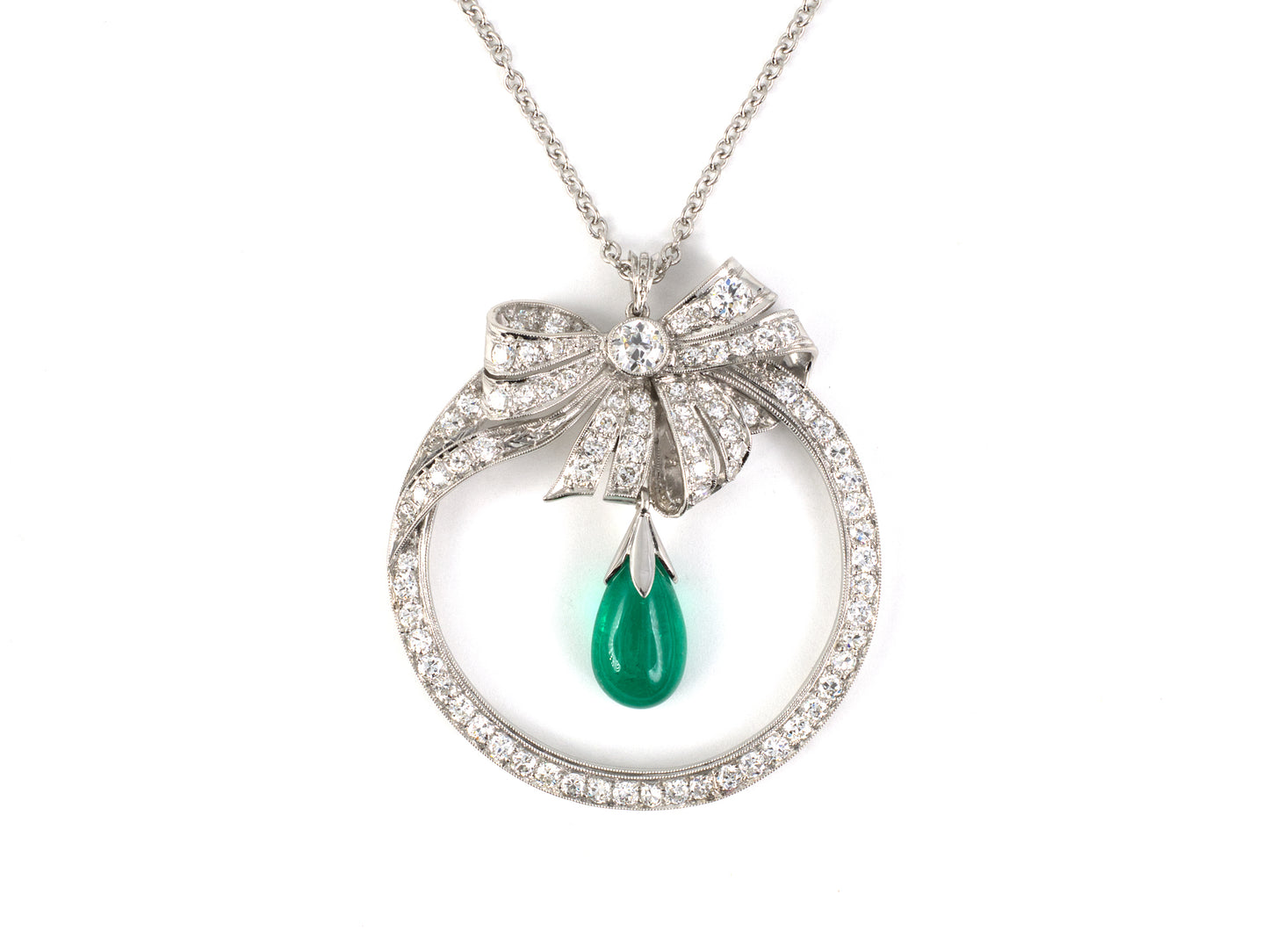 45660 - Art Deco Platinum Diamond Emerald Circle Bow Pendant Necklace