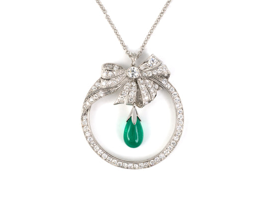 45660 - Art Deco Platinum Diamond Emerald Circle Bow Pendant Necklace