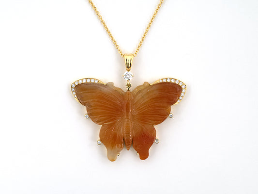 45661 - Gold Diamond Carved Orangy Jadeite Butterfly Pendant Necklace