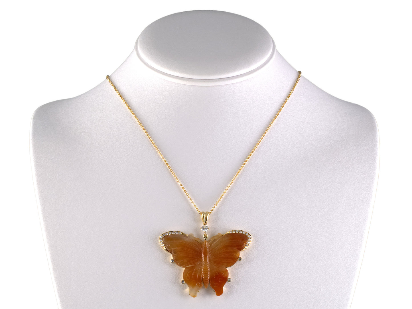 45661 - Gold Diamond Carved Orangy Jadeite Butterfly Pendant Necklace