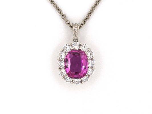 45664 - Platinum AGL Pink Sapphire Diamond Tiered Cluster Pendant Necklace