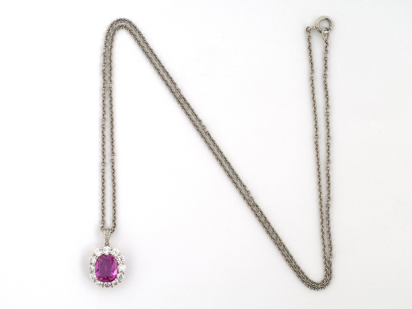 45664 - Platinum AGL Pink Sapphire Diamond Tiered Cluster Pendant Necklace