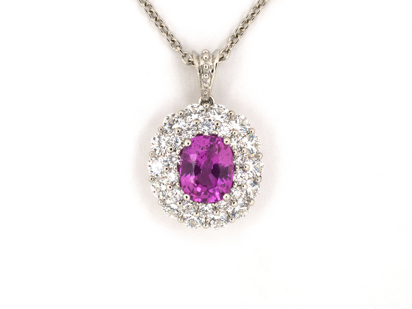 45665 - Platinum AGL Pink Sapphire Diamond Double Row Cluster Pendant Necklace