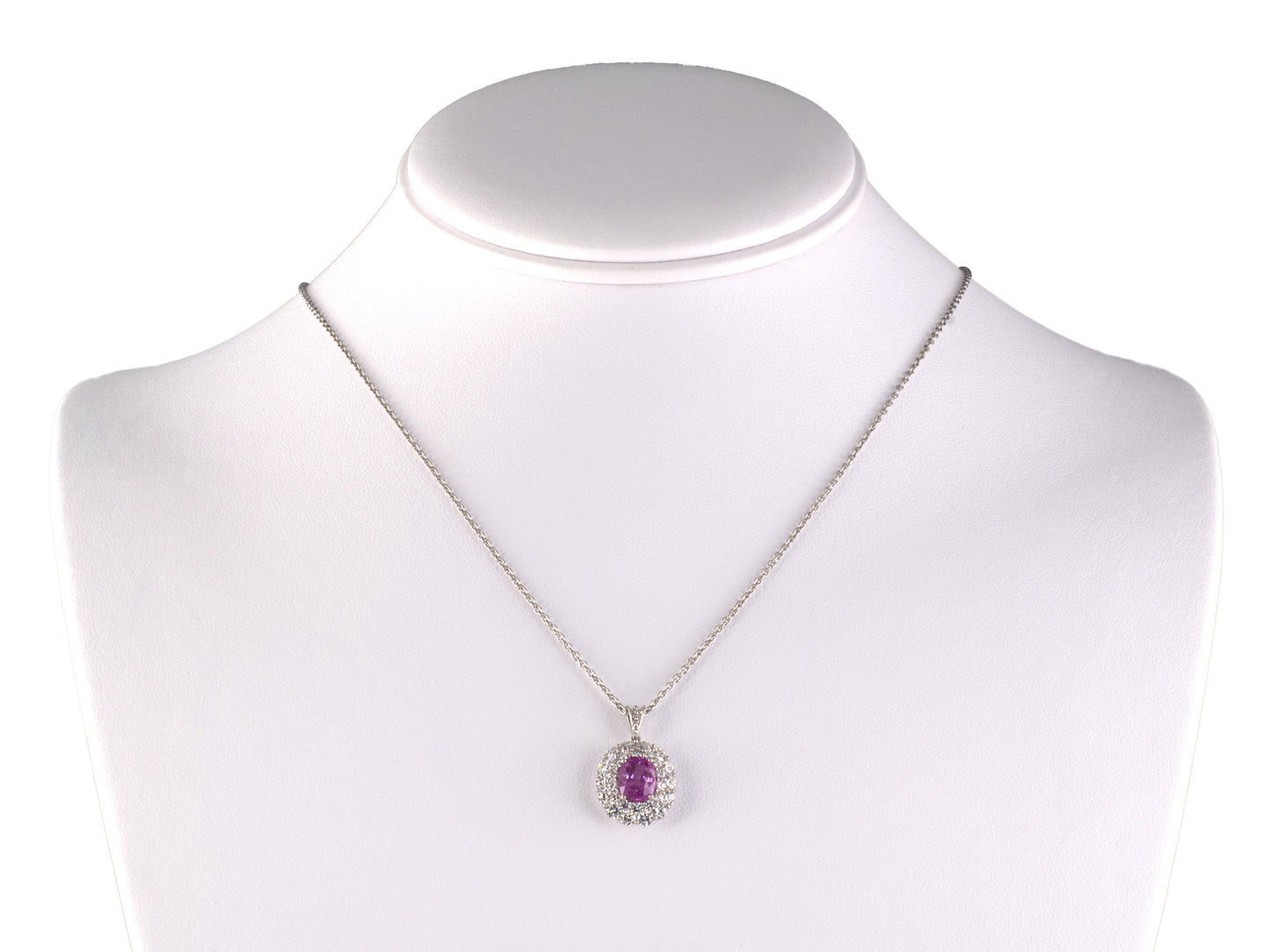 45665 - Platinum AGL Pink Sapphire Diamond Double Row Cluster Pendant Necklace