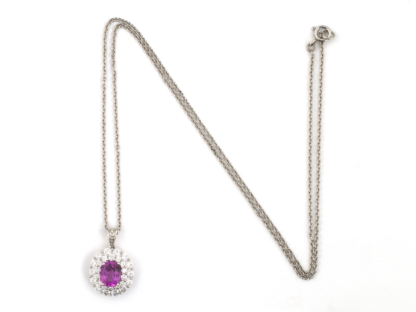 45665 - Platinum AGL Pink Sapphire Diamond Double Row Cluster Pendant Necklace