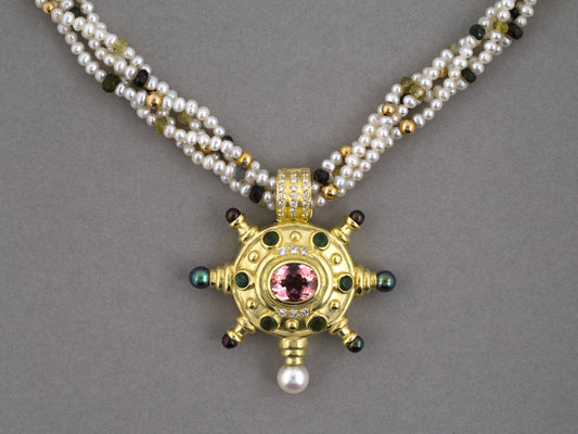 45666 - Circa 1994 Judith Ripka Gold Diamond Tourmaline Removable Pendant w/ Pearl Necklace