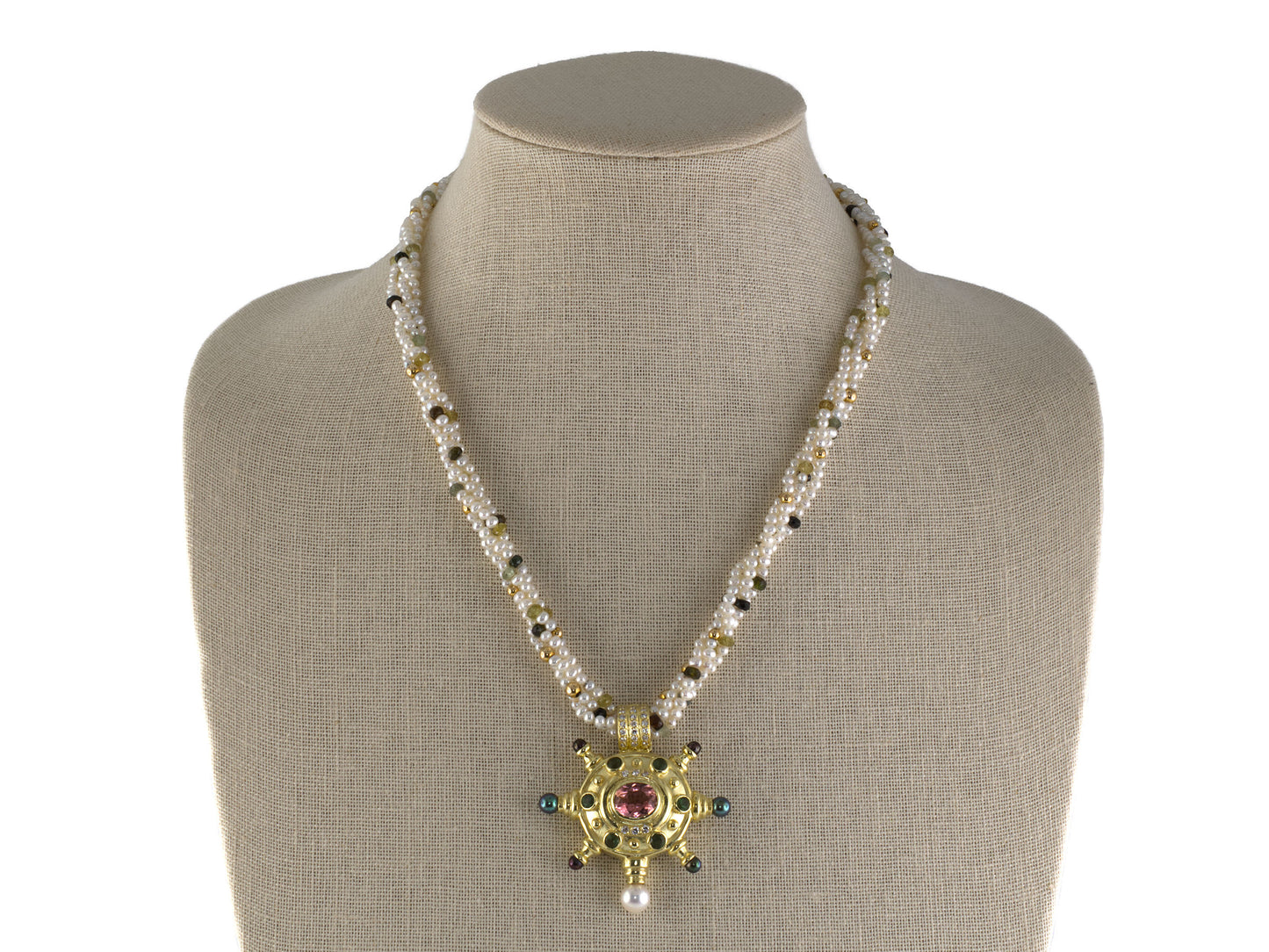 45666 - Circa 1994 Judith Ripka Gold Diamond Tourmaline Removable Pendant w/ Pearl Necklace