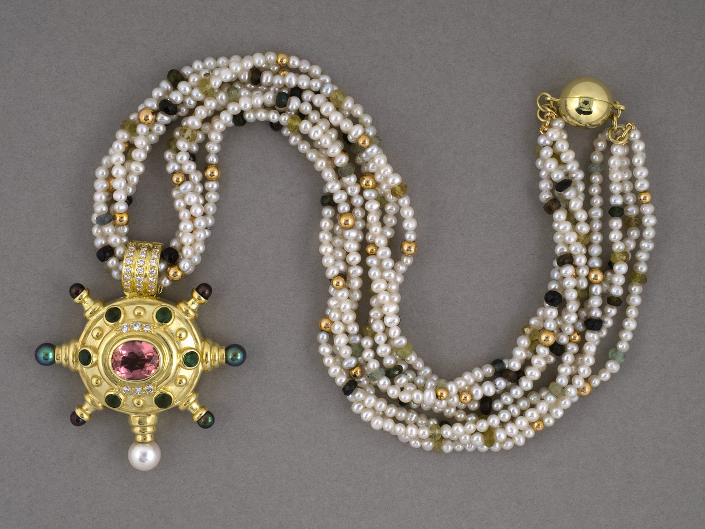 45666 - Circa 1994 Judith Ripka Gold Diamond Tourmaline Removable Pendant w/ Pearl Necklace
