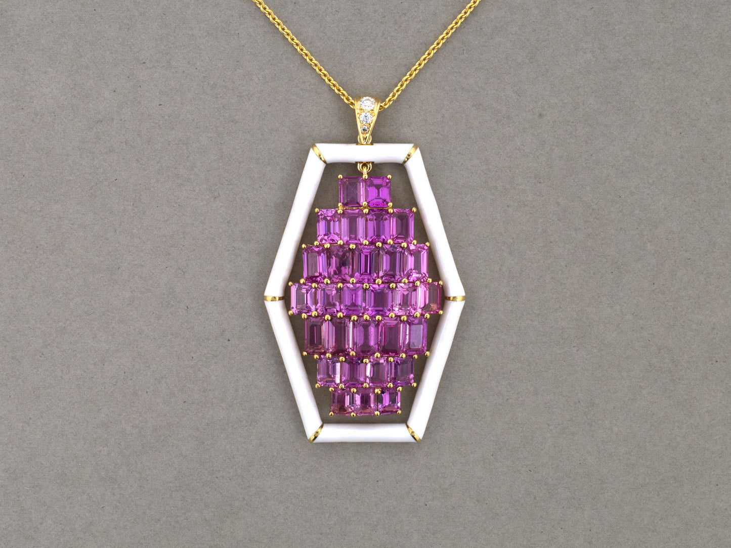 45667 - Gold Pink Sapphire Diamond White Enamel Hexagonal Pendant Necklace