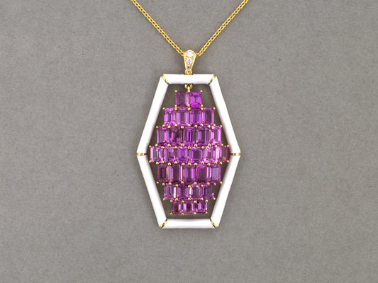 45667 - Gold Pink Sapphire Diamond White Enamel Hexagonal Pendant Necklace