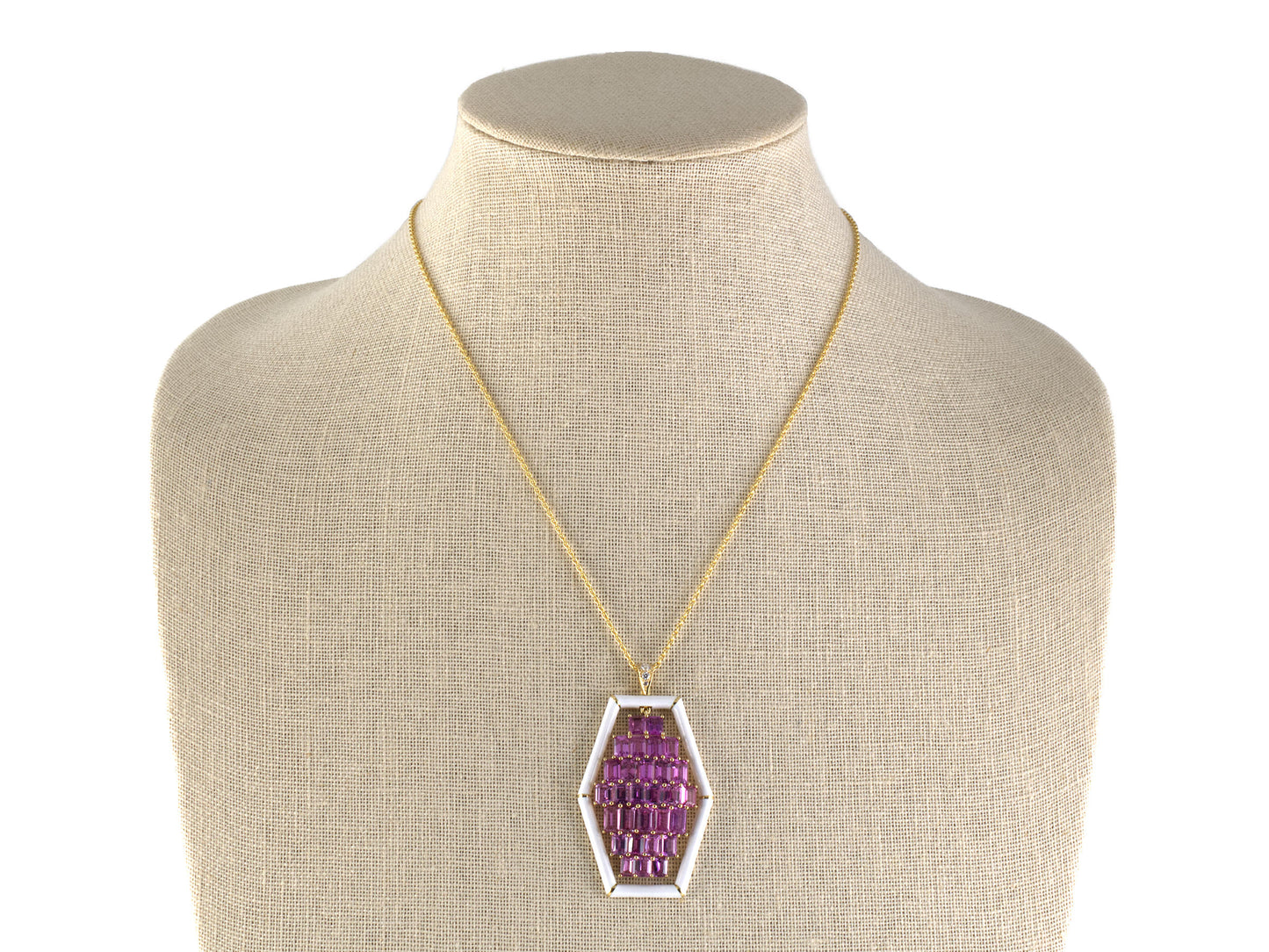 45667 - Gold Pink Sapphire Diamond White Enamel Hexagonal Pendant Necklace