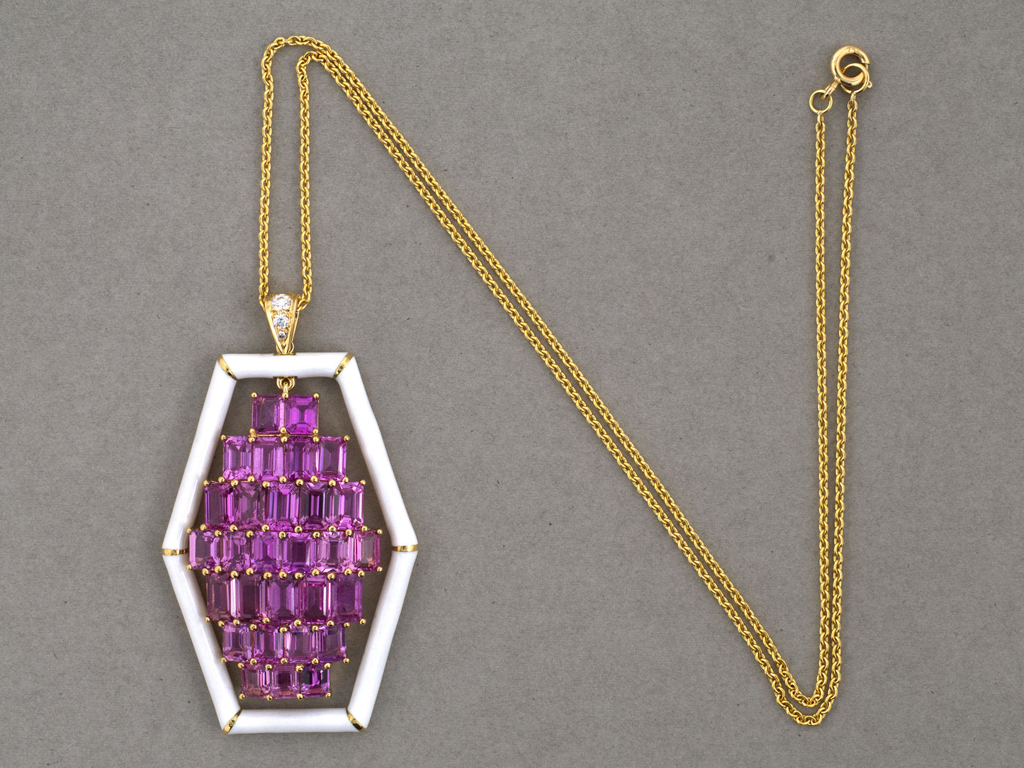 45667 - Gold Pink Sapphire Diamond White Enamel Hexagonal Pendant Necklace