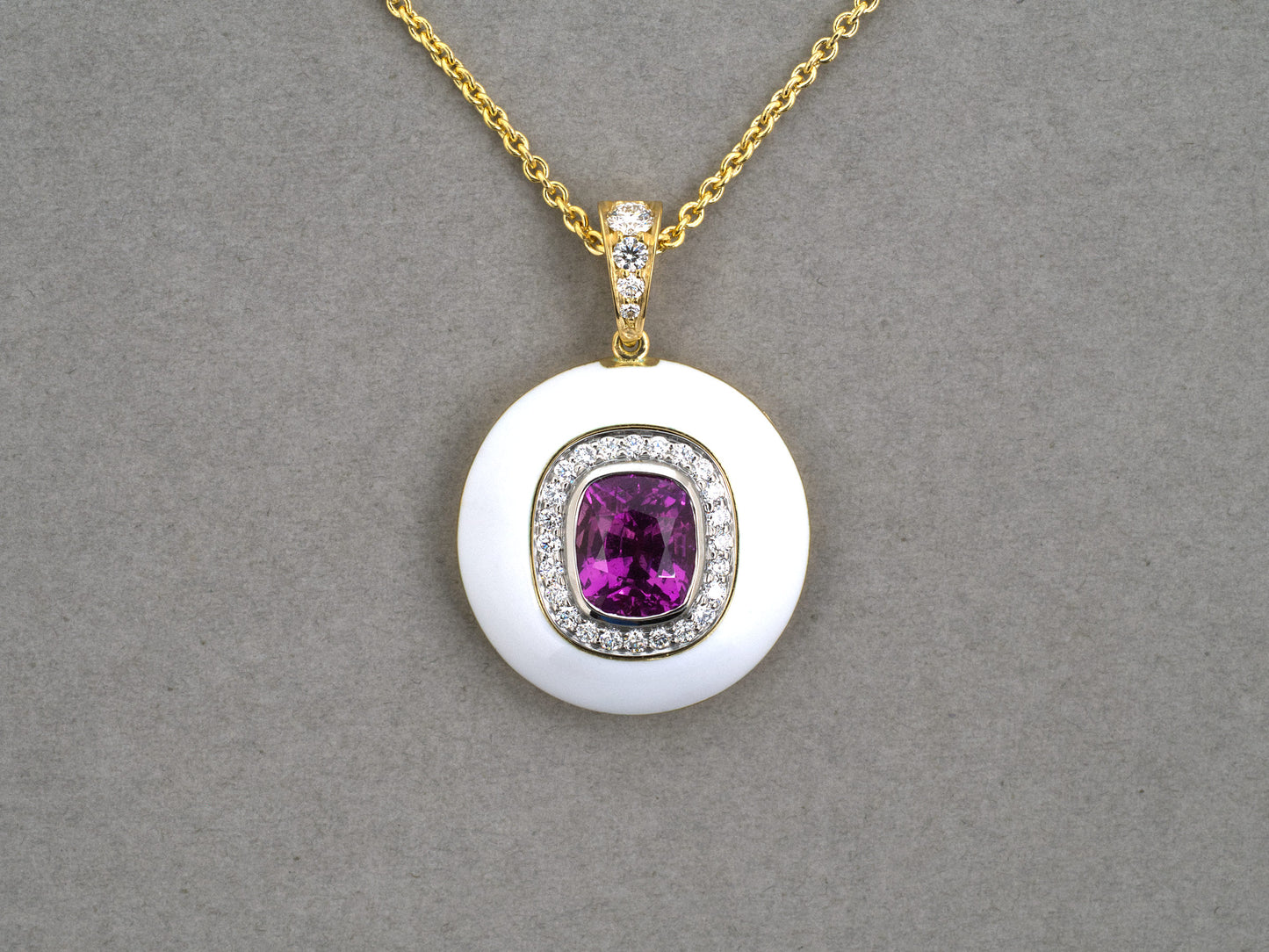 45669 - Gold Platinum Pink Sapphire Diamond White Enamel Cluster Pendant Necklace