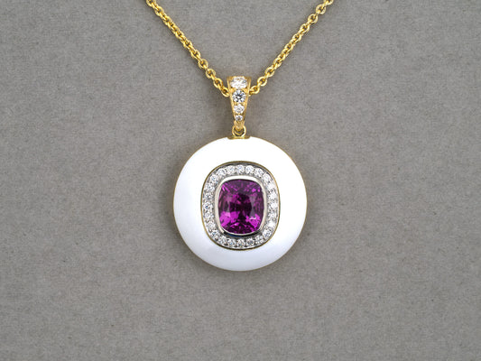 45669 - Gold Platinum Pink Sapphire Diamond White Enamel Cluster Pendant Necklace