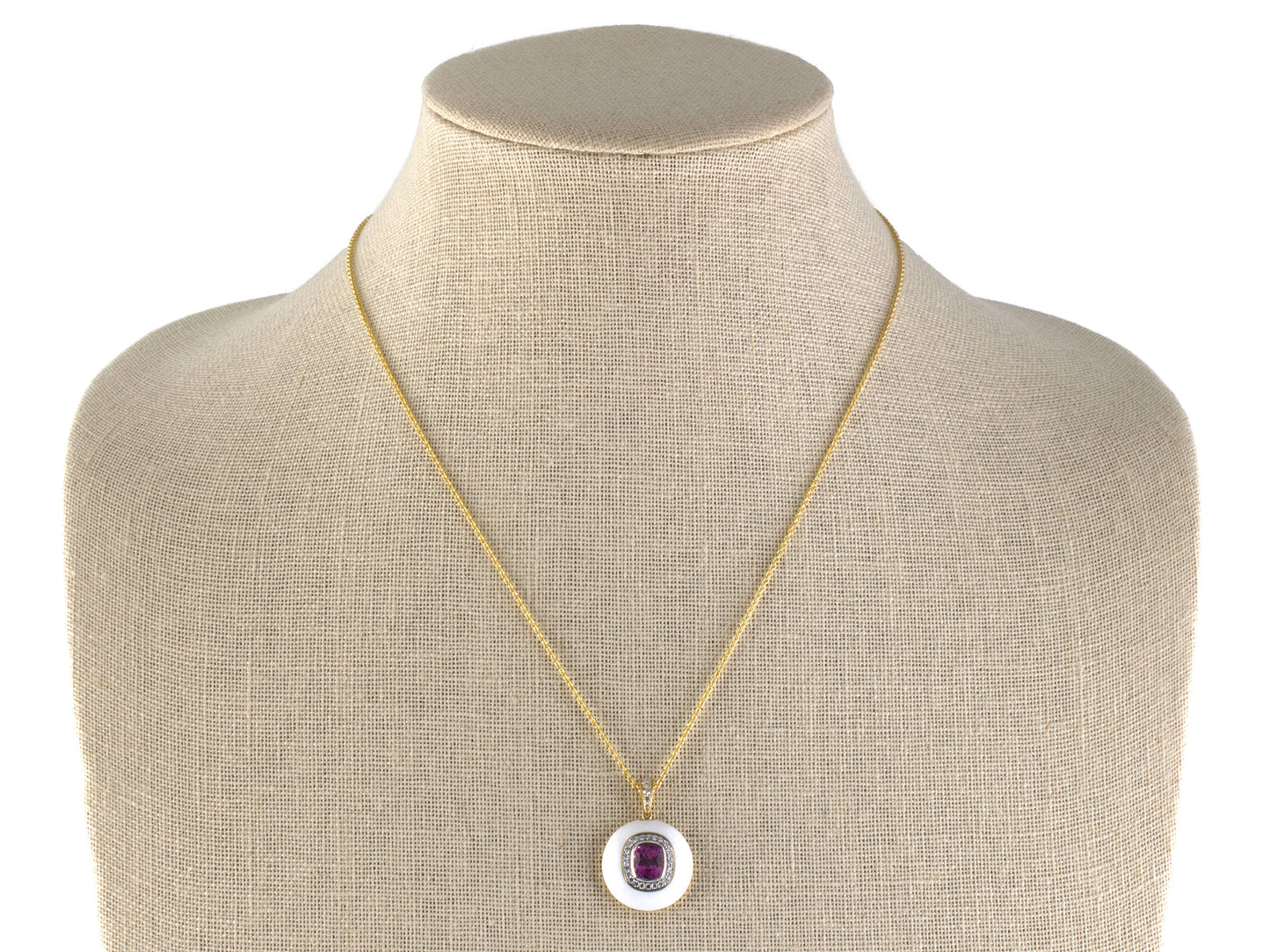 45669 - Gold Platinum Pink Sapphire Diamond White Enamel Cluster Pendant Necklace