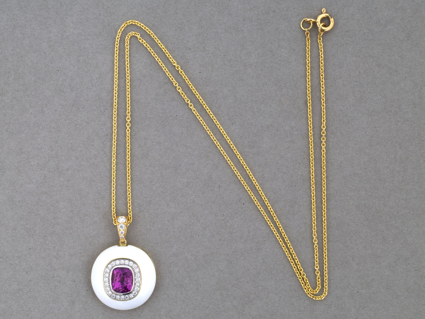 45669 - Gold Platinum Pink Sapphire Diamond White Enamel Cluster Pendant Necklace