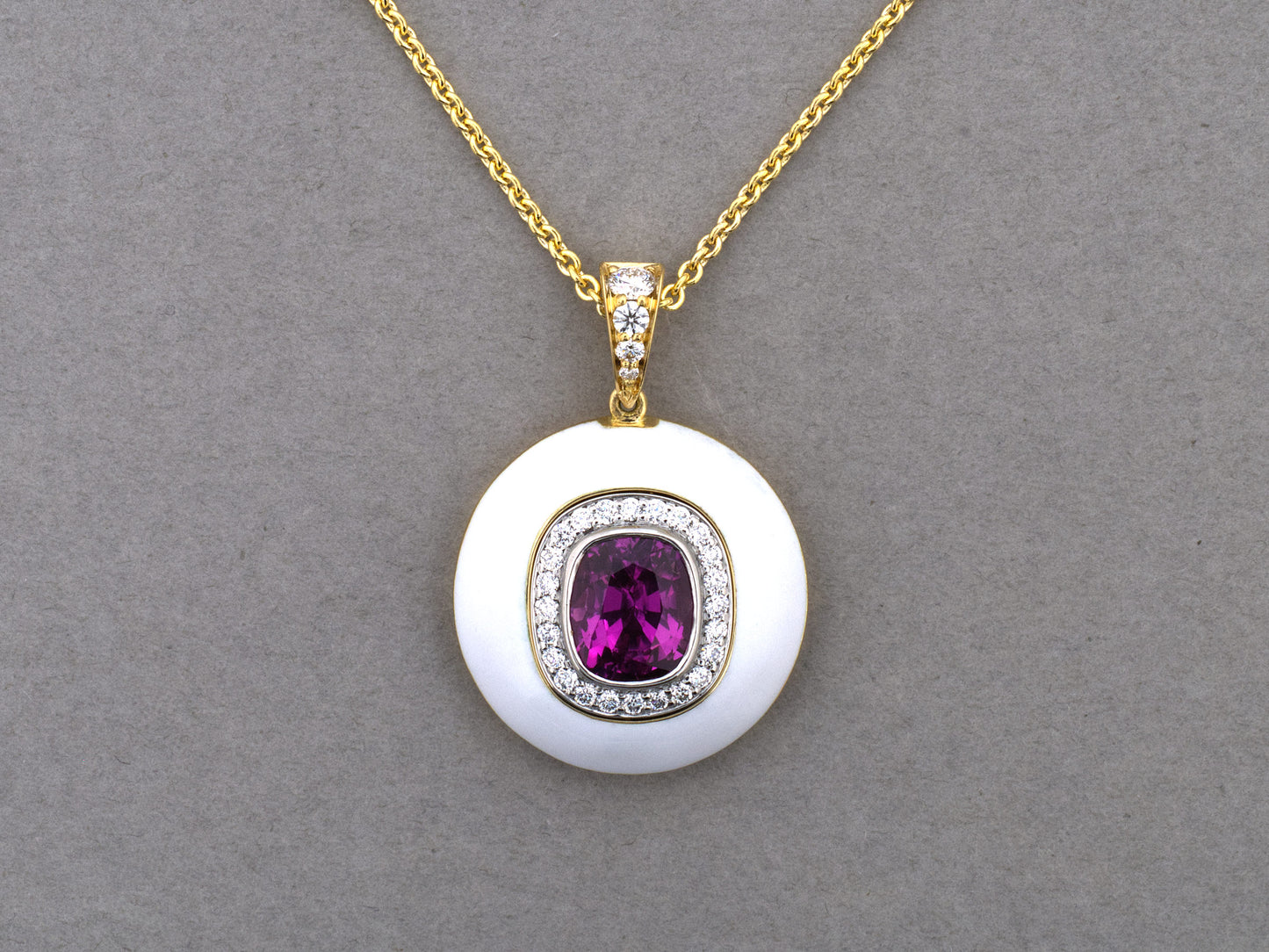 45670 - Gold Platinum Pink Sapphire Diamond White Enamel Cluster Pendant Necklace