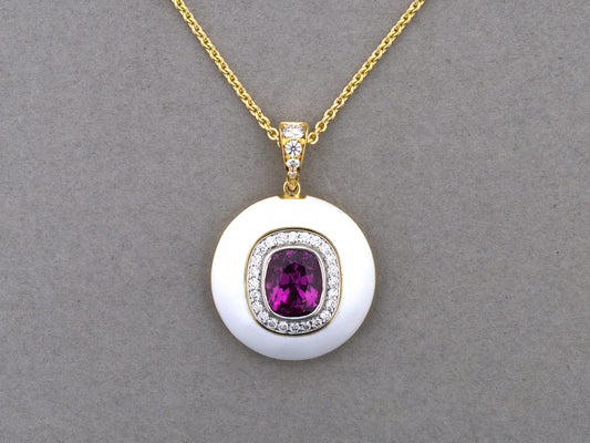45670 - Gold Platinum Pink Sapphire Diamond White Enamel Cluster Pendant Necklace