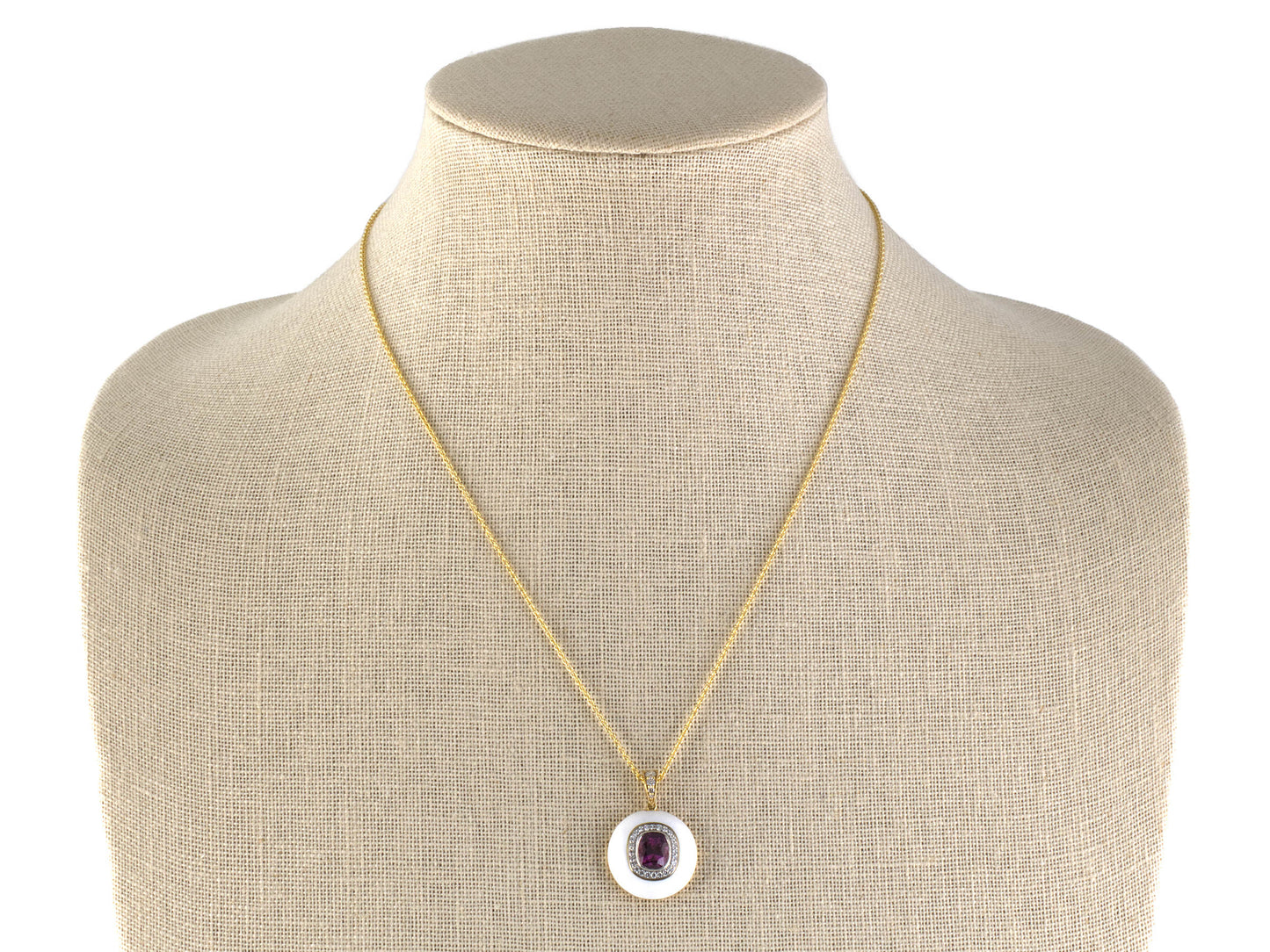 45670 - Gold Platinum Pink Sapphire Diamond White Enamel Cluster Pendant Necklace