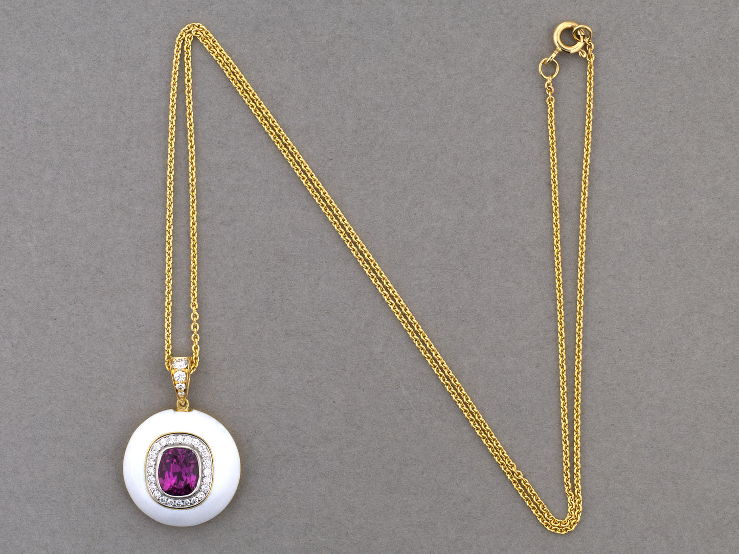45670 - Gold Platinum Pink Sapphire Diamond White Enamel Cluster Pendant Necklace