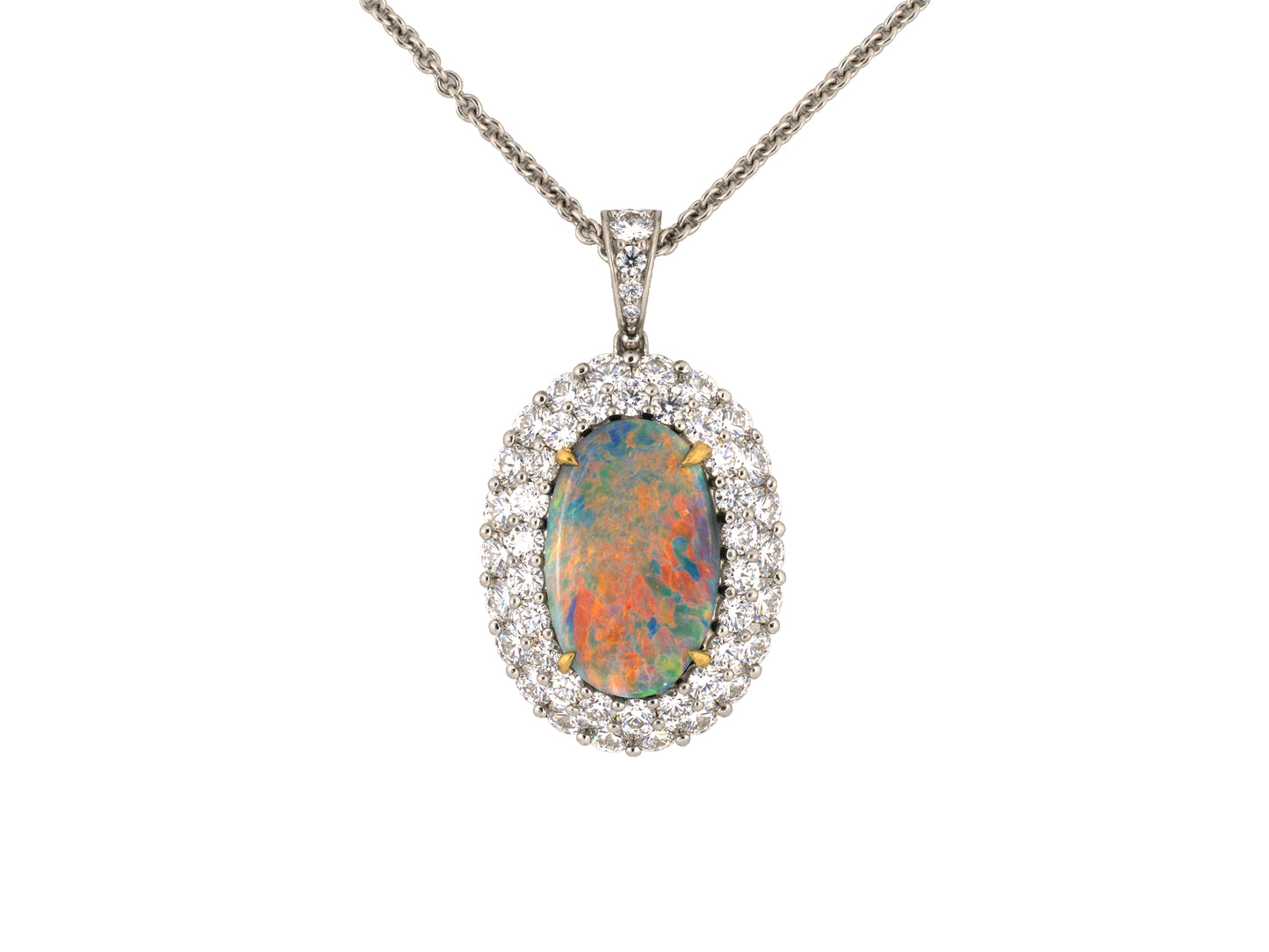45672 - Platinum Gold Diamond AGL Black Opal 2-Row Oval Cluster Pendant Necklace