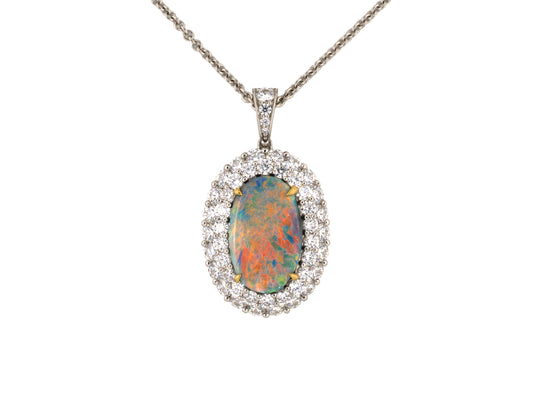 45672 - Platinum Gold Diamond AGL Black Opal 2-Row Oval Cluster Pendant Necklace