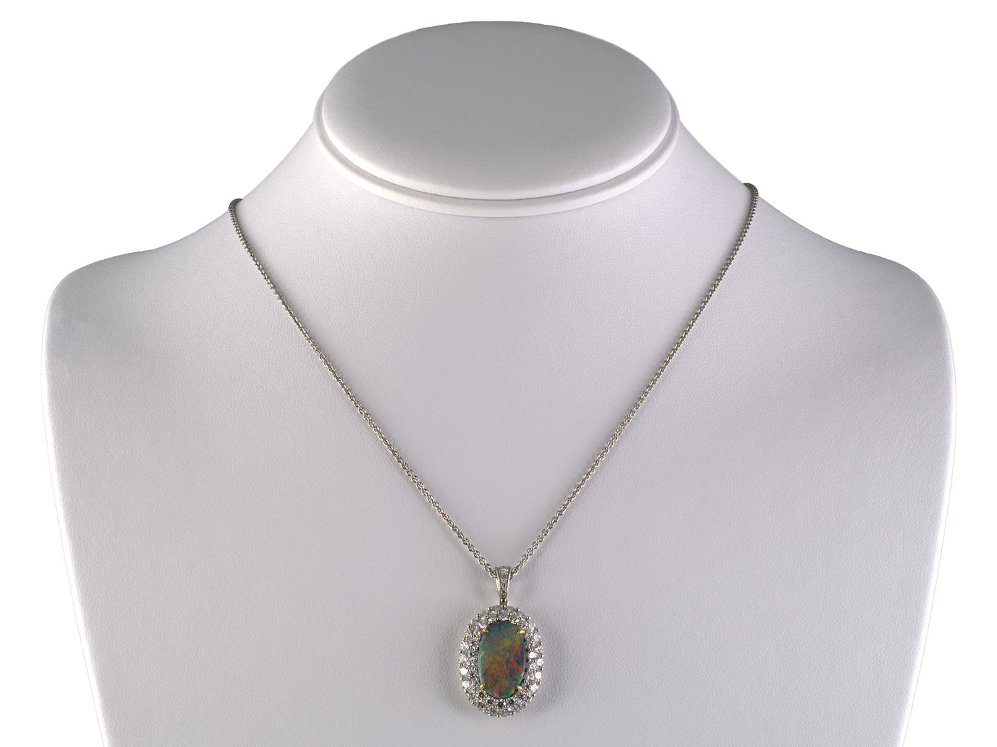 45672 - Platinum Gold Diamond AGL Black Opal 2-Row Oval Cluster Pendant Necklace