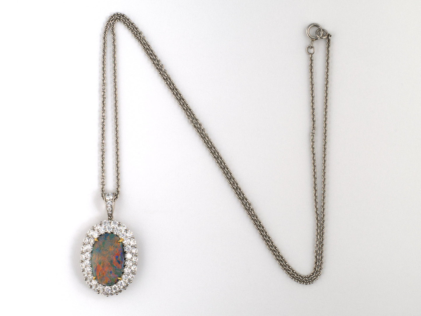 45672 - Platinum Gold Diamond AGL Black Opal 2-Row Oval Cluster Pendant Necklace