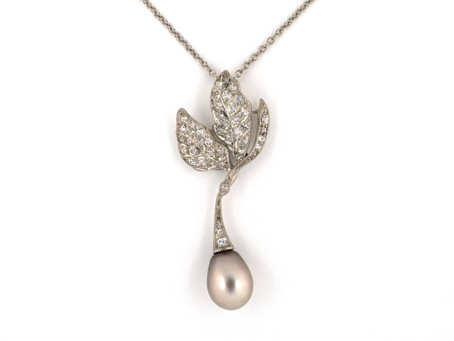 45673 - Platinum Diamond GIA Natural Pearl Edwardian Leaf Pendant Necklace 18" Cable Chain 11 Grain Sc F Vs