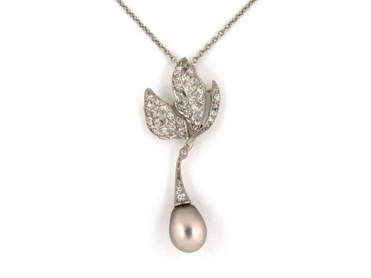 45673 - Platinum Diamond GIA Natural Pearl Edwardian Leaf Pendant Necklace 18" Cable Chain 11 Grain Sc F Vs