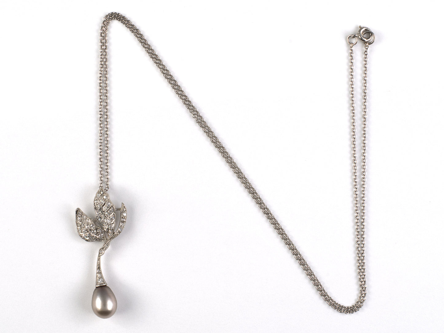 45673 - Platinum Diamond GIA Natural Pearl Edwardian Leaf Pendant Necklace 18" Cable Chain 11 Grain Sc F Vs