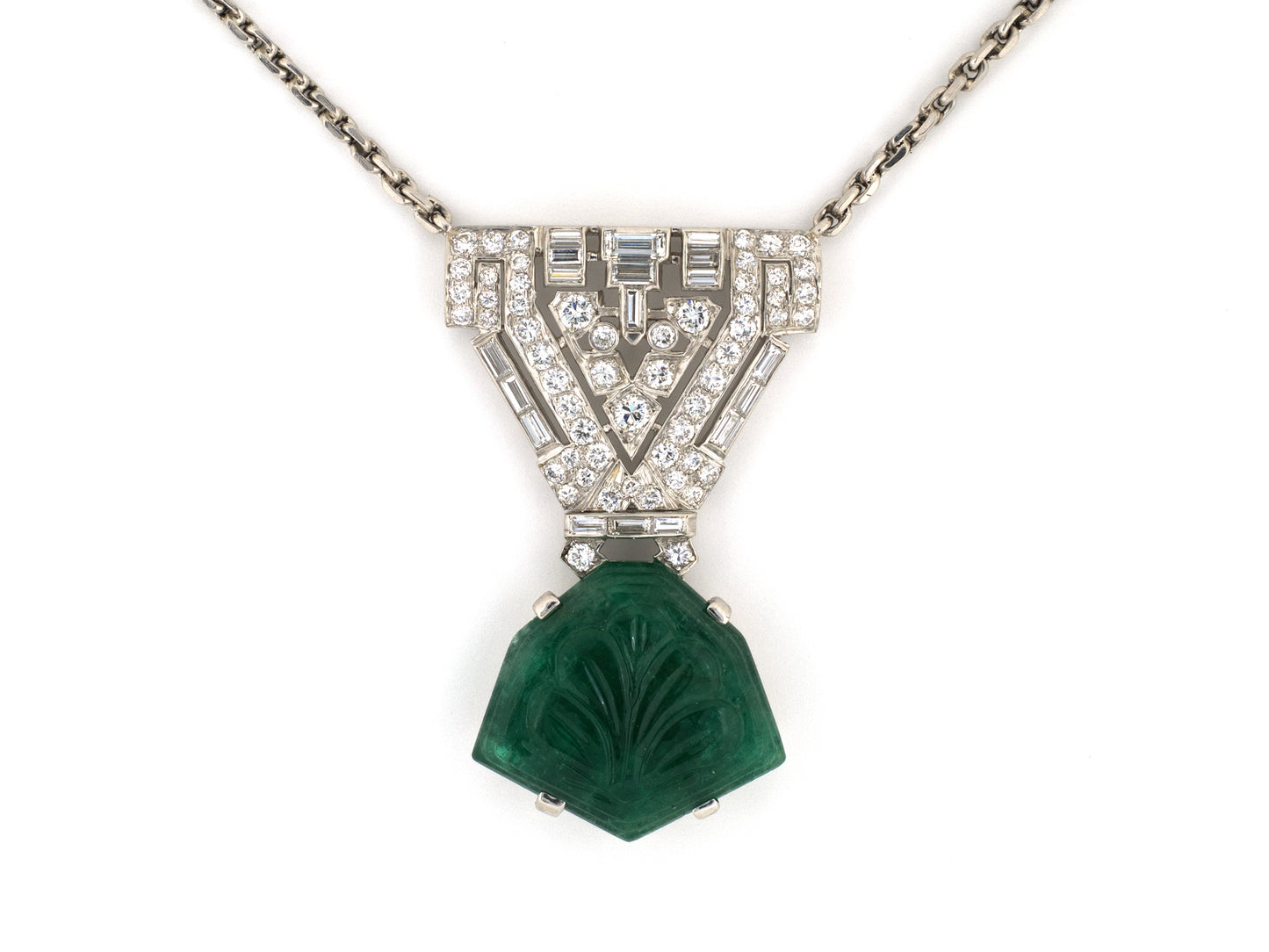 45674 - Art Deco Platinum Carved Emerald Diamond Drop Dangle Pendant