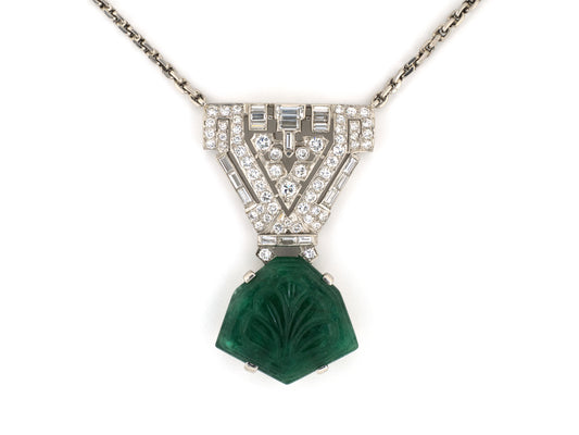 45674 - Art Deco Platinum Carved Emerald Diamond Drop Dangle Pendant