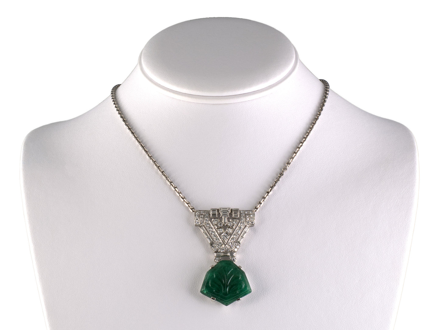 45674 - Art Deco Platinum Carved Emerald Diamond Drop Dangle Pendant